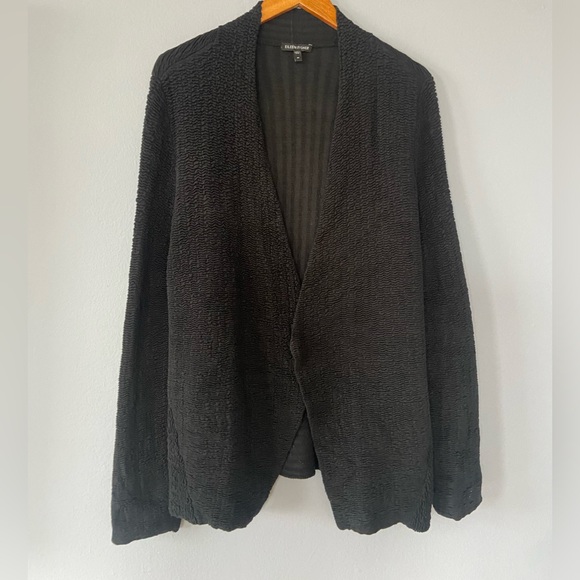 Eileen Fisher Black Textured Silk Blend Open Cardigan Sweater Size Medium - Picture 2 of 8